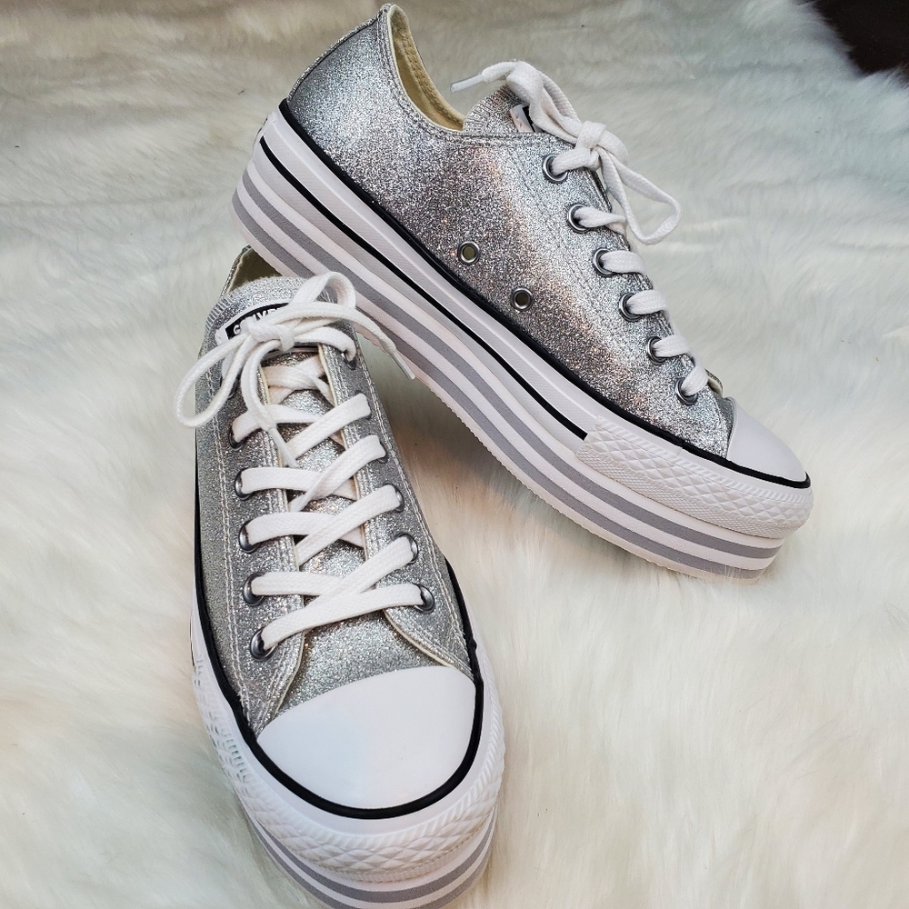 Converse Size 8 Chuck Taylor All Star Bling Platform Silver Glitter Sneakers